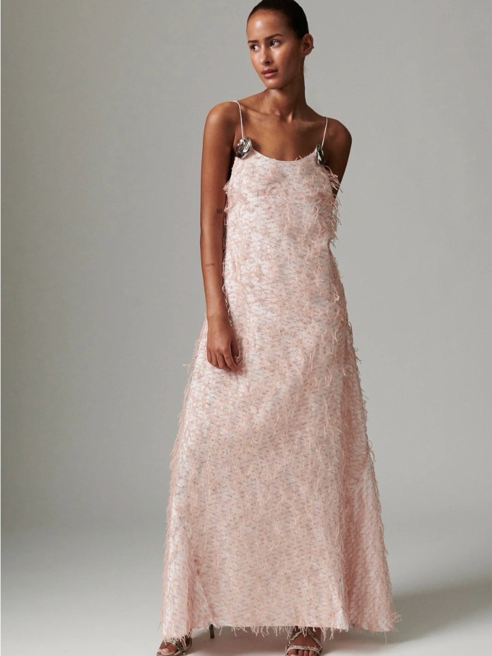Feather-Trim Blush Maxi Slip Dress - Women's